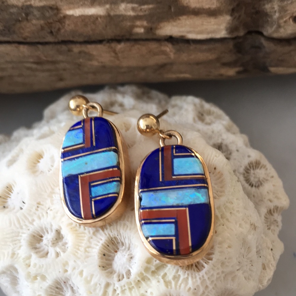 Vintage Zuni 14K Gold Multi Stone Inlay Earrings